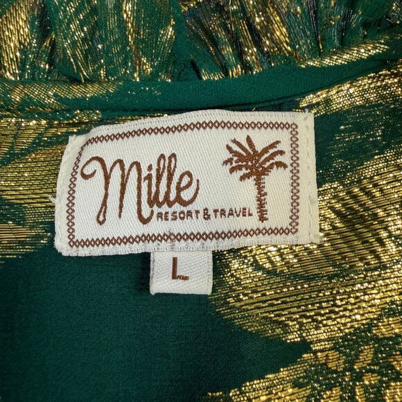 Mille Resort Travel Womens Blouse Green Gold L Silk Ruffle Mock Neck Sheer Party - Picture 5 of 12